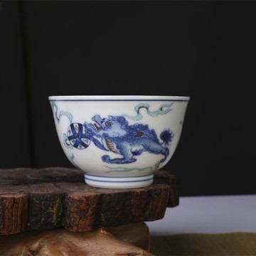 鬥彩麒麟戲球主人杯品陶瓷杯130ml