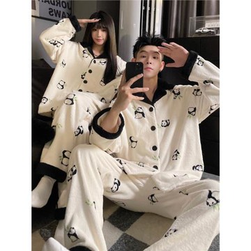 情侶睡衣女冬季珊瑚絨加厚加絨簡約韓版可外穿男士套頭家居服套裝