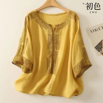 初色 復古風古典花紋純色寬鬆透氣七分袖圓領T恤上衣女上衣-共5色-13978(M-3XL可選)