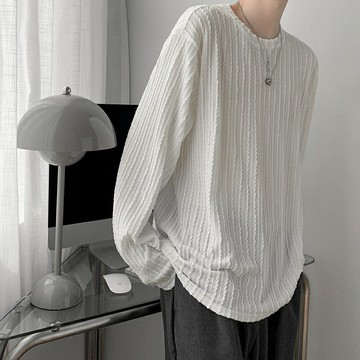 輕奢初春季薄款上衣男士長袖T恤韓版寬松針織麻花純色潮流打底衫