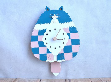 長毛貓x格子圖案x藍x佛羅里達粉紅時鐘木質擺鐘掛鐘
