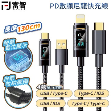 【FJ】 透明數顯尼龍線 數顯線 充電線 尼龍線 高速充電線 快充傳輸線 快充線 水果線 數位顯示PD快充線