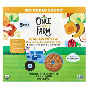 Once Upon A Farm, Tractor Wheels™，有機幼兒軟烤棒，香蕉、南瓜和花椰菜味，5 包，每包 0.67 盎司（19 克）