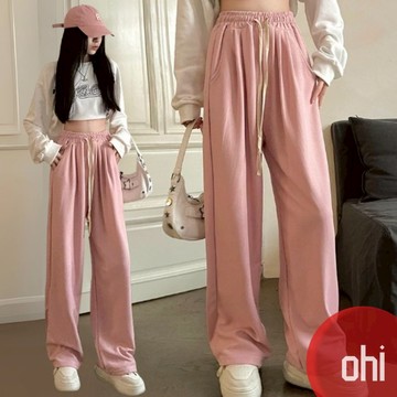 【ohi】粉色華夫格休閒衛褲 寬鬆闊腿運動褲 女生長褲 休閒長褲 褲子 女裝 休閒褲 長褲 GPS310