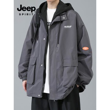 JEEP假兩件外套男春秋季新款潮流百搭工裝連帽上衣服寬松休閑夾克