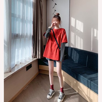 新款假兩件拼接長袖網紅T恤女ins超火春秋上衣設計感小眾衣服