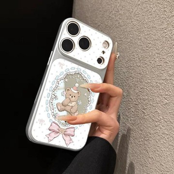 適用於蘋果17promax手機殼圓圈棕熊金屬漆鏡面系列 巨好看超漂亮1