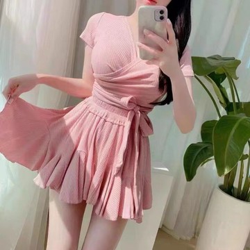 顯瘦遮肉溫泉泳裝 平角褲內襯兩件套遊泳衣女 分體裙式網紅ins高腰顯瘦保守學生溫泉泳裝G6
