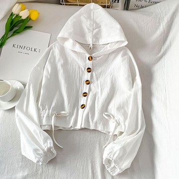 連帽短款衛衣女春秋季新款寬松百搭設計感抽繩長袖上衣ins潮