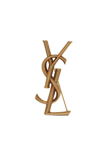 Saint Laurent - textured logo letter brooch - women - Brass - One Size - Gold