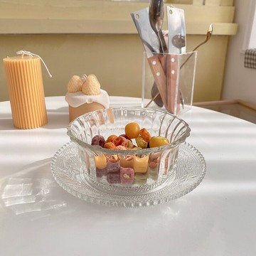 vintage法式浮雕玻璃碗甜點沙拉碗早餐麥片碗透明少女心花邊