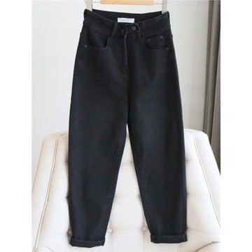 黑色牛仔褲女秋冬新款大碼胖mm梨形身材高腰彈力顯瘦加絨哈倫褲子