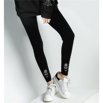 骷髏頭水鉆潮牌高彈女款有超大碼修身竹纖維打底褲秋新品潮人顯瘦