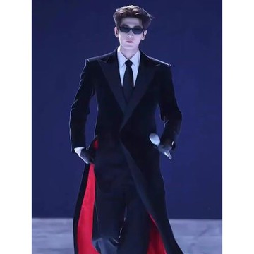 張凌赫同款黑色紅內長款西服風衣男墊肩收腰雙排扣西裝大衣外套男