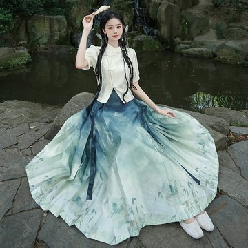 【桃喜Rich女裝】印花馬面裙 新中式提花上衣 立領國風盤扣短袖上衣 一片式漸變印花馬面裙套裝 夏季改良漢服 漢元素