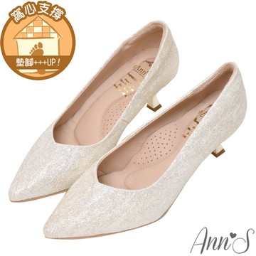 Ann’S微光夢境-夢幻蕾絲低跟淺金電鍍跟尖頭婚鞋5cm-銀