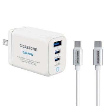 GIGASTONE 立達 GaN 45W氮化鎵Type-C三孔快充充電器+C to C充電傳輸線 支援iPhone16/15/Mac筆電充電頭  1組  白色