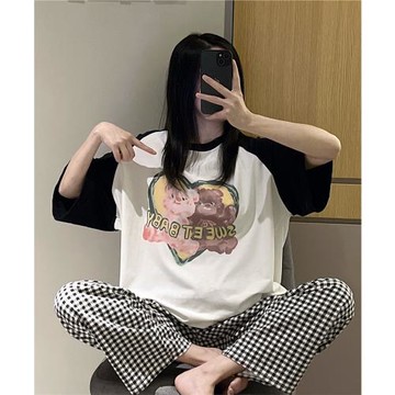 短袖睡衣女夏薄款純棉可愛小熊印花家居服大碼胖mm200斤長褲套裝