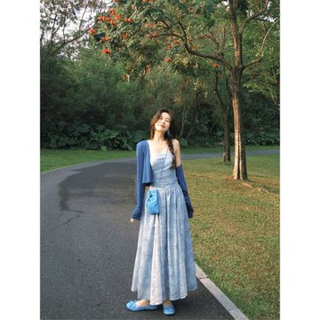 秋季穿搭一整套韓系風格溫柔風防曬針織開衫上衣吊帶連衣裙兩件套