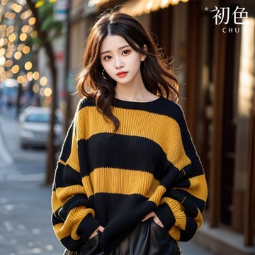 初色 寬鬆撞色條紋圓領長袖針織衫上衣女上衣-橘黑色-38409(F可選)