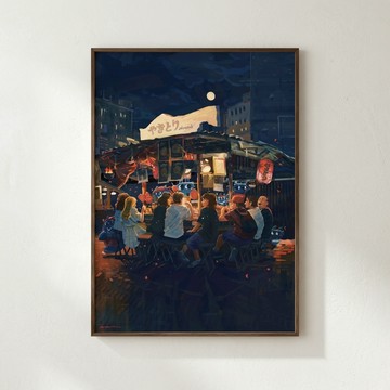 Nuomi 諾米 |福岡屋台-日本街景插畫 - 霧金鋁框-中尺寸：50 x 70 cm