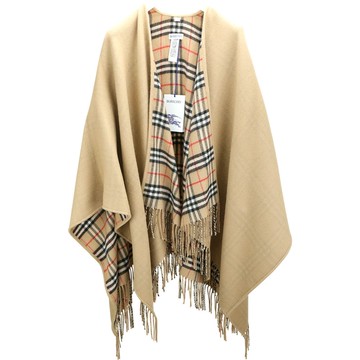 BURBERRY 巴寶莉 雙面可穿格紋純羊毛流蘇披肩 斗篷(典藏米色)
