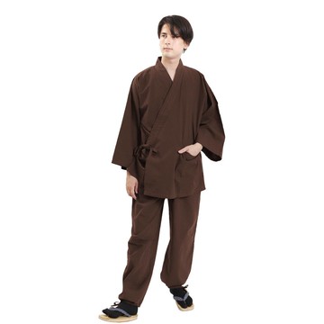 日本 和服 男性用 綿 作務衣 套裝 M L LL 茶