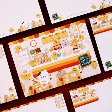 【24H快速出貨】元氣早餐店 布丁小雞手繪明信片15