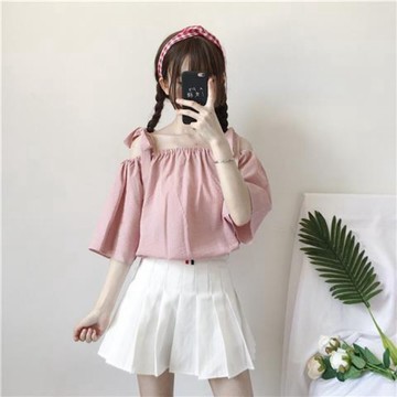 露肩上衣日系衣服一字領襯衫綁帶日系襯衫挖肩袖格紋格子襯衫短袖上衣日系女裝軟妹日系女生衣服森林系夏季女裝 B55