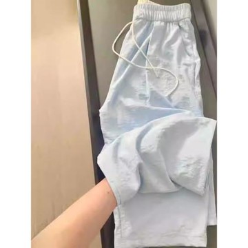 (免運)奶藍色山本褲子女夏季薄款胖mm顯瘦垂感奶芙褲寬松休閑冰絲闊腿褲