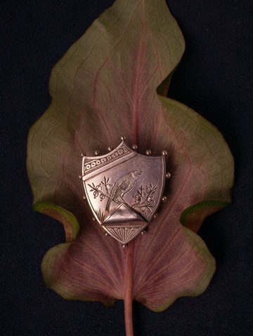 1890s 英國 維多利亞時代晚期 手刻盾型花鳥純銀相片匣胸針