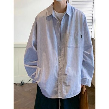 日系cityboy條紋長袖襯衫男士春秋潮流休閑襯衣寬松學生百搭外套