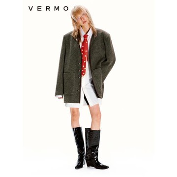 VERMO “懷舊” 復古混紡羊毛花呢無領西裝呢外套