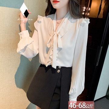 V領蝴蝶繫帶荷葉邊風琴褶燈籠袖上衣 M-XL【972568X】【現+預】☆流行前線☆