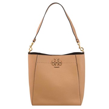 TORY BURCH 73338 品牌LOGO荔枝皮革單肩背水桶包.淺咖
