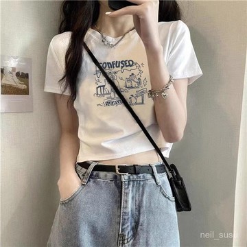 P3-[純棉]T恤 短袖T恤 短袖上衣 女生上衣220剋仿棉~ 正肩短袖T恤女裝2024夏季新款修身短款小眾設計感上