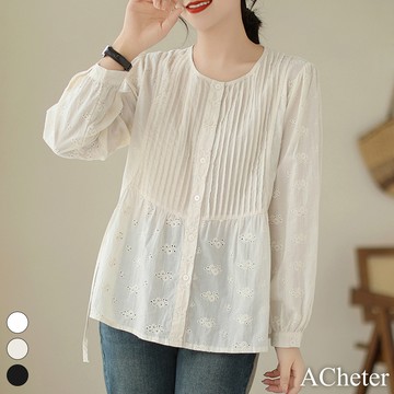 【ACheter】文藝鏤空繡花襯衫寬鬆圓領長袖風琴褶皺顯瘦短版上衣# 119369 (現貨+預購)