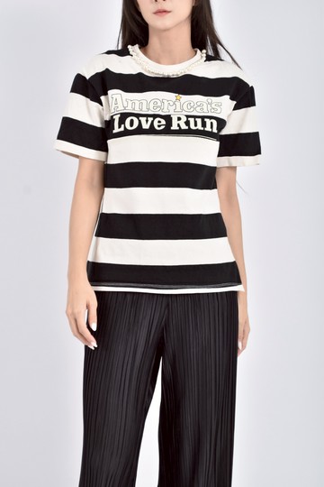 (M) afternoon條紋珍珠字母白色短袖上衣