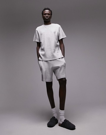 Topman lounge waffle set with t-shirt and short in grey