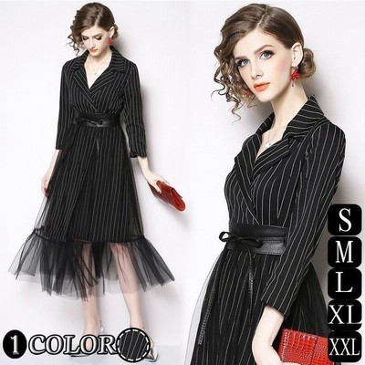 パーティードレス二次会結婚式 レディースワンピース お呼ばれワンピース 大きいサイズ ビジネス 通勤上品ストライプ黒チュール付き 通販 Lineポイント最大get Lineショッピング