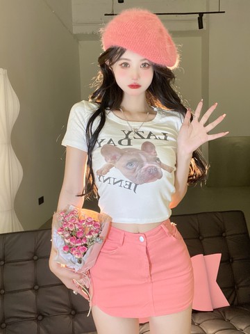 夏季純欲甜辣妹性感露臍短款印花短袖T恤女高腰a字包臀短裙兩件套