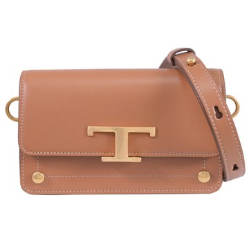 TODS T Timeless 經典T金屬釦飾翻蓋迷你斜背包.棕色