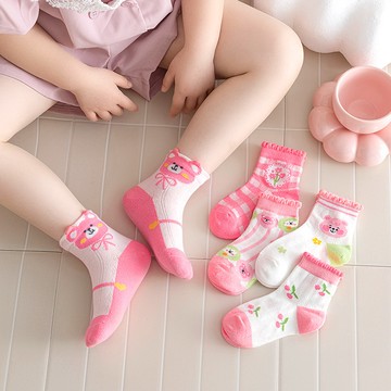 VIVILIAN原創粉紅熊花朵網眼透氣女童女寶短襪組(一組5入)