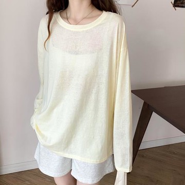 純色防曬衫女長袖薄款t恤2021新款寬松百搭打底顯瘦韓版chic上衣