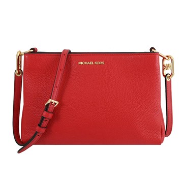 MICHAEL KORS TRISHA 浮雕LOGO荔枝皮革三層斜背包.紅