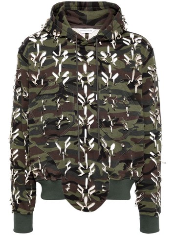 JUNTAE KIM - ripped camouflage-print cotton hoodie - men - Cotton - M - Green
