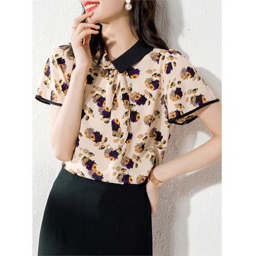 復古印花襯衫女夏季polo領雪紡衫設計感小眾短袖薄款洋氣小衫領帶