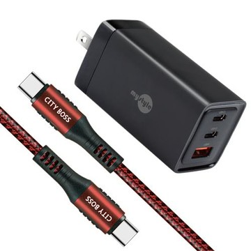 MyStyle 65W GaN氮化鎵極速充電器-黑+勇固耐彎折100W編織快充線 Type-C to Type-C -300cm-紅