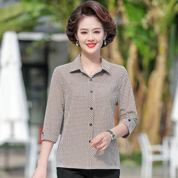 薄款中年格子秋中老年女媽襯衣襯衫領棉七分袖上衣中袖長2025外套