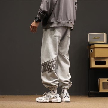 重磅灰色衛褲男款春秋日系復古大碼褲子潮牌寬松束腳運動休閑長褲